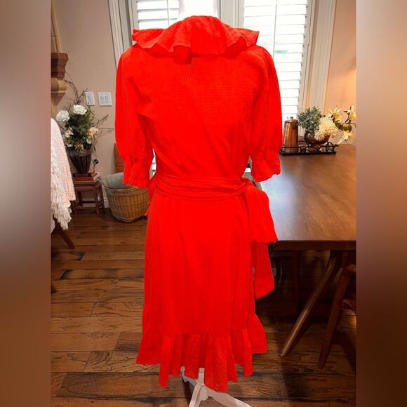 Romantic Red Ruffle Wrap Dress Crinkled Cotton Gauze Fit & Flare XS J.Crew NWT - Picture 6 of 10